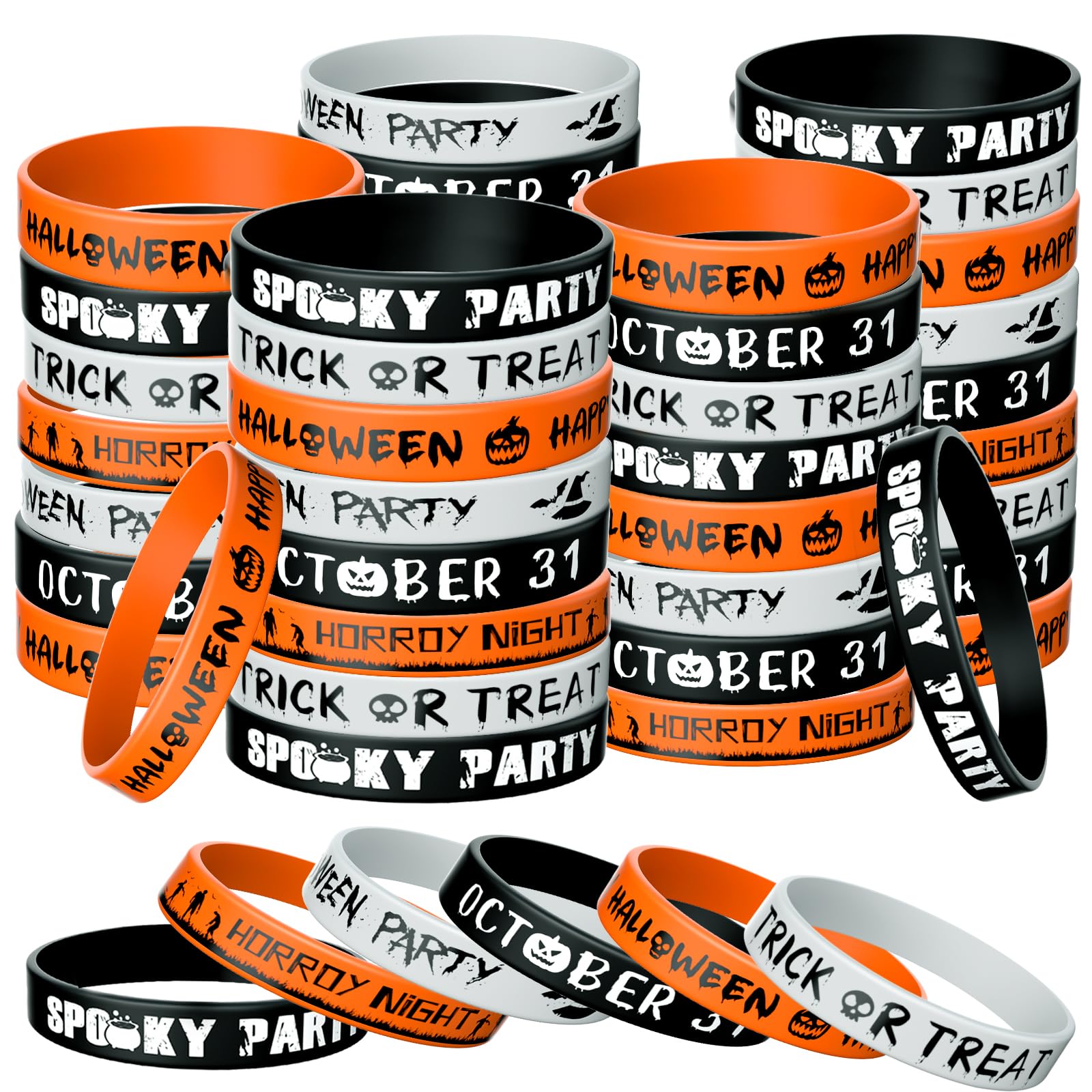 Morcheiong 60 Pcs Halloween-Themed Silicone Wristbands for Halloween Party Supplies 6 Designs (Black+Orange+White)