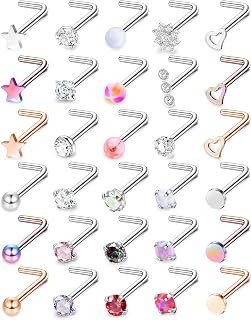 30Pcs Hypoallergenic Nose Rings Studs 316L Stainless Steel Nose Piercings Jewelry Straight L Shaped Corkscrew Nose Ring Studs Cubic Zirconia Opal Nose Studs for Women Men 18G 20G