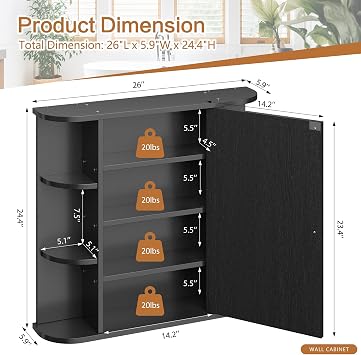 Bathroom Mirror Cabinet Wall Mounted, Bathroom Medicine Cabinet with Mirror and 6 Open Shelves, Modern Wall Cabinet, Black