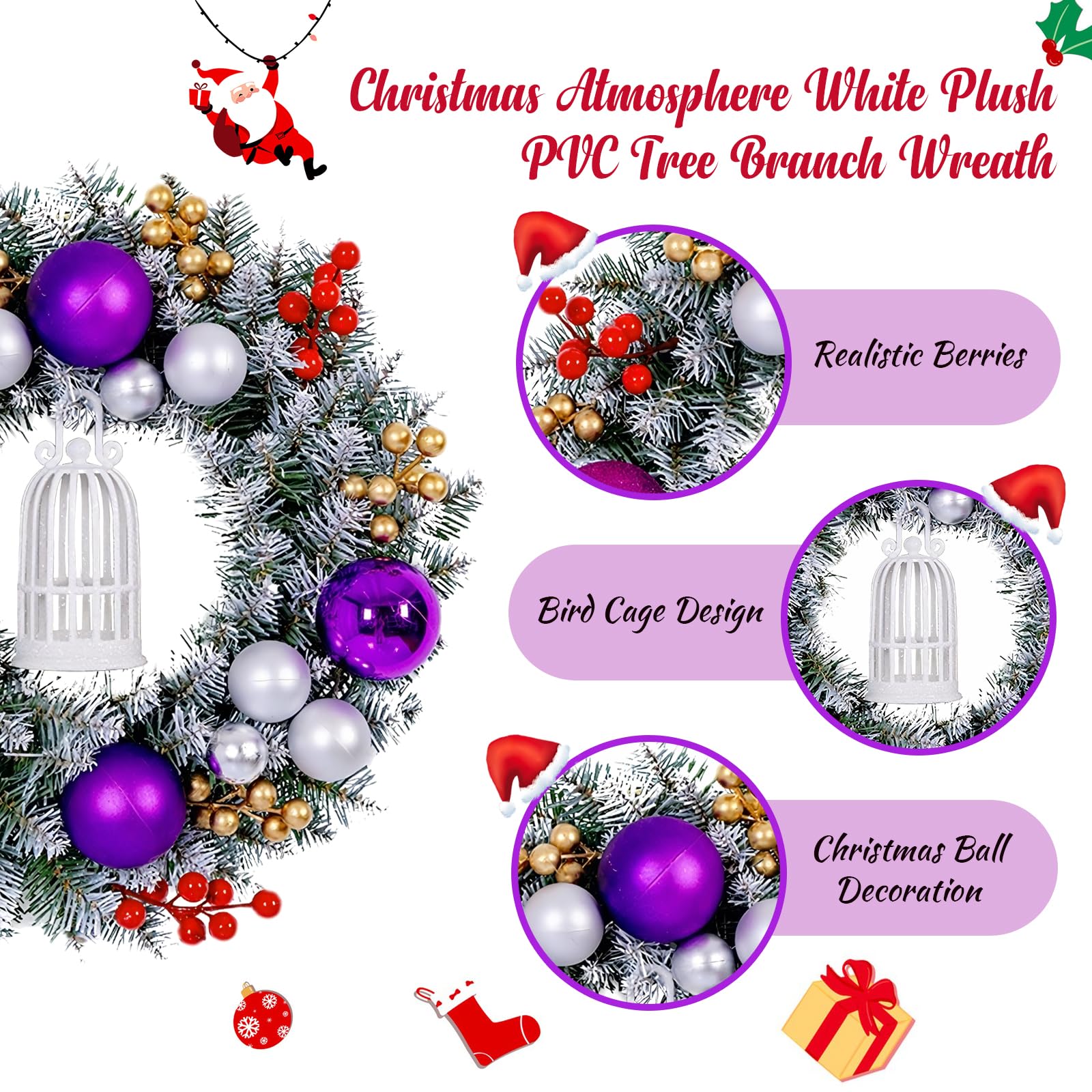 Minicoco 30CM Christmas Wreaths with Bow- Artificial Xmas Garland for Front Door, Purple - Image 3