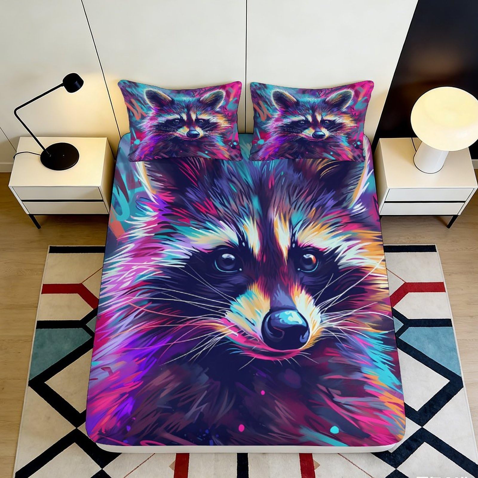 3D Printed Vibrant Raccoon Fitted Sheet Microfiber Soft Mattress Cover for Bedroom Dorm Artistic Decor Anti-Slip Washable 90x200x25cm