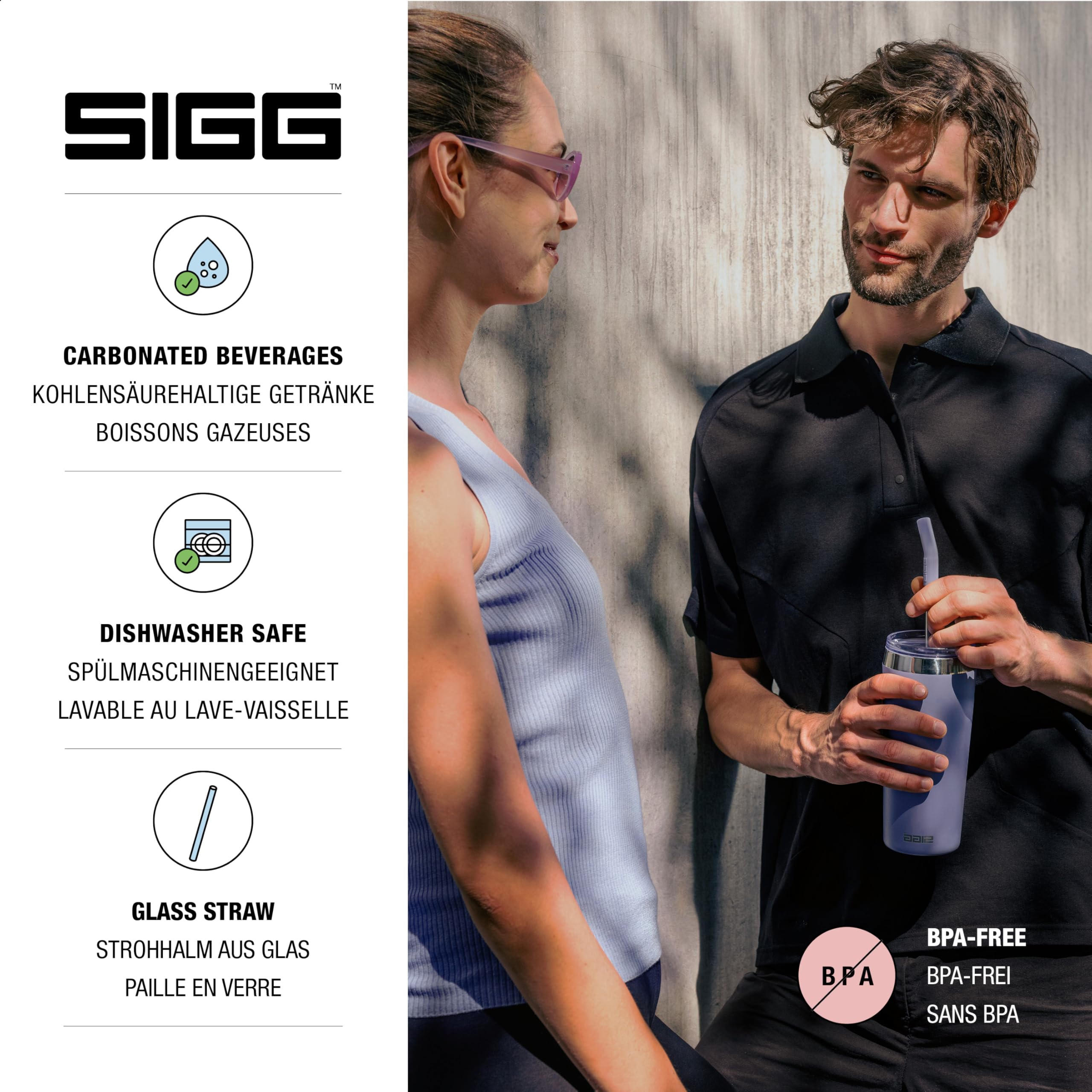 SIGG Helia Taza térmica de café para llevar (0.6 L / 0.45 L), termo de acero inoxidable con doble aislamiento, vaso con pajita de cristal antirrotura térmico