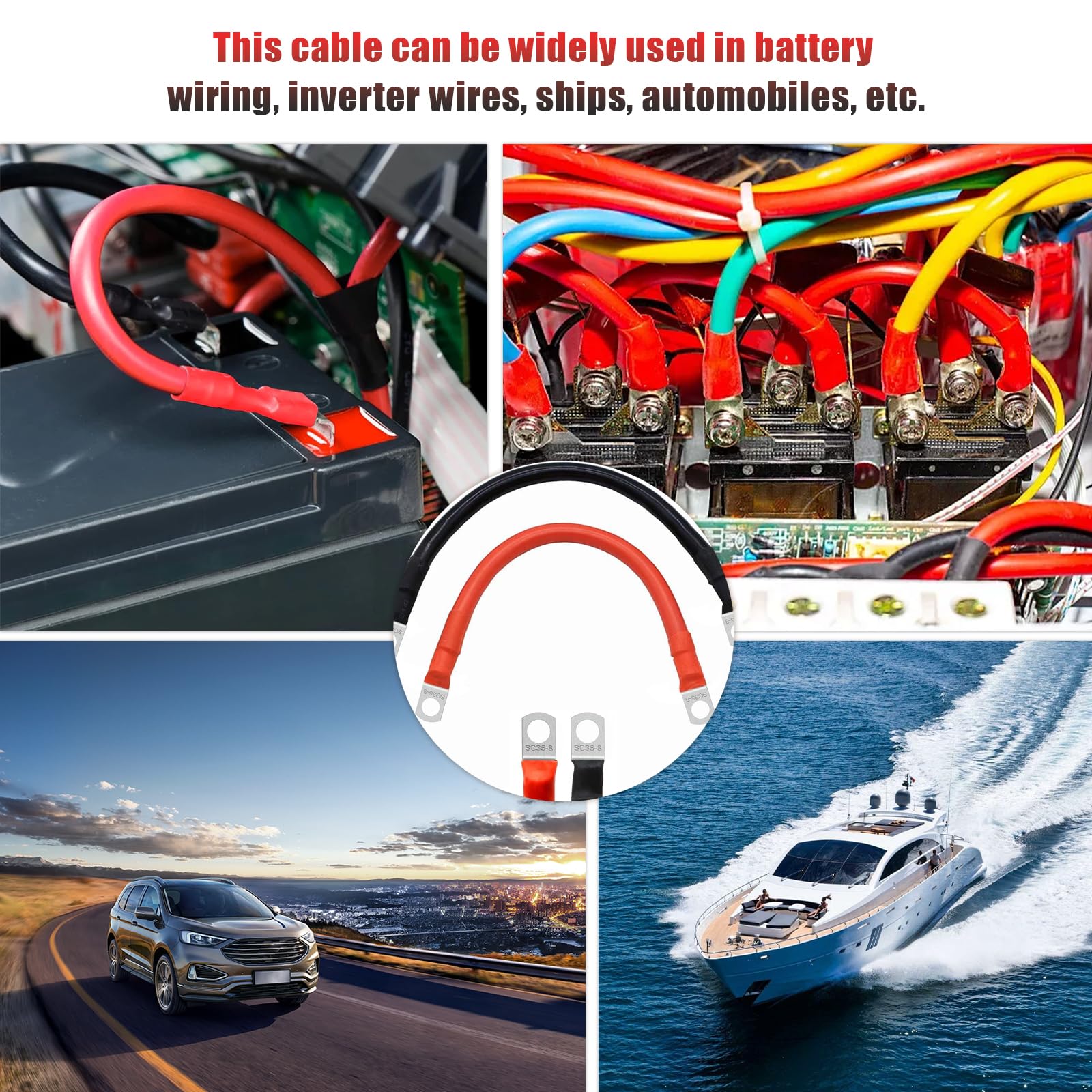CJHZQYY 2 stuks auto-accukabels, batterijkabel, 12 V/24 V, universele accukabel met M8 ringklemmen, voor motorfiets, zonne-autoaccu, aardkabel auto (30 cm x 35 mm² M8 2awg