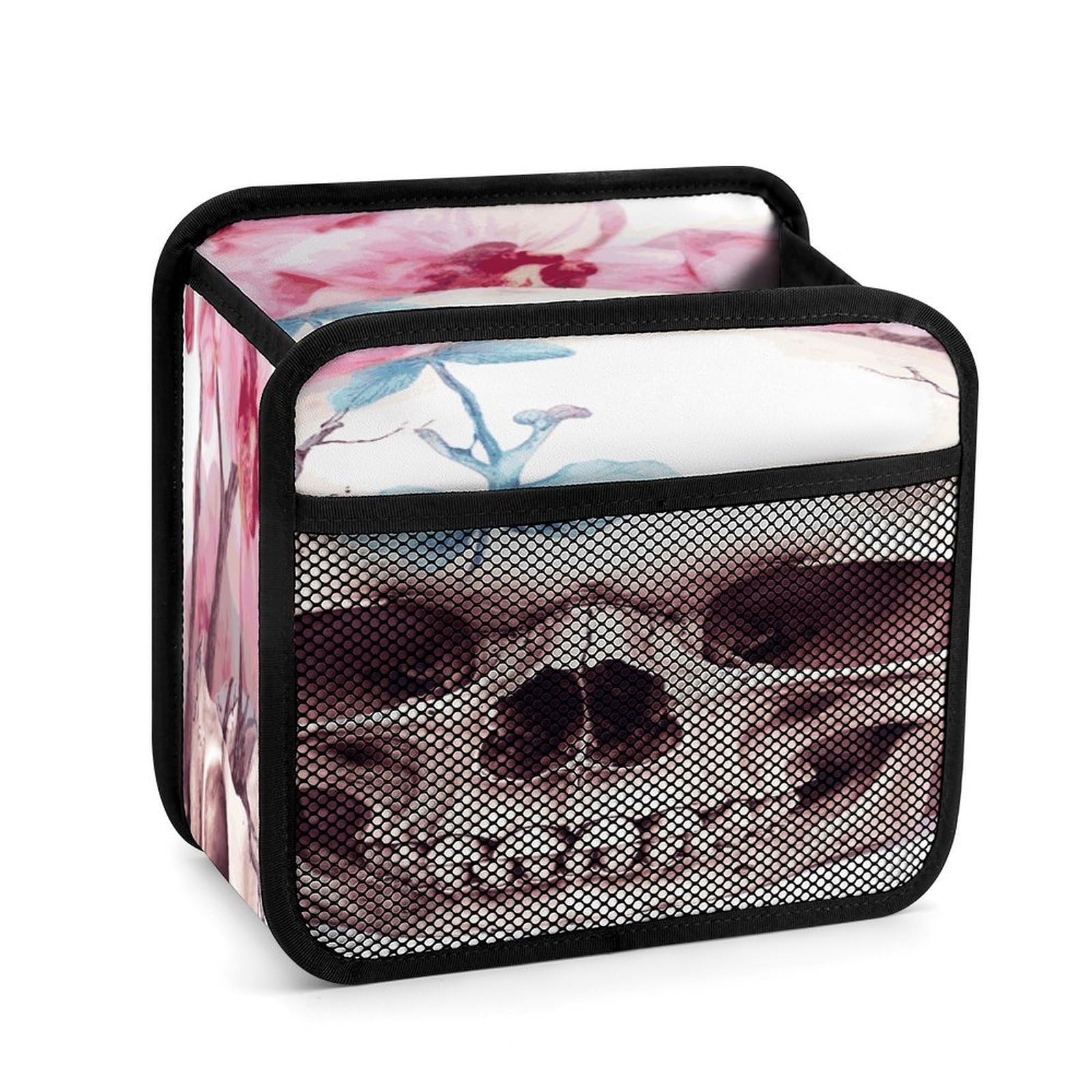 Btcowzrv Style Human Skull Pink Flowers Car Seat Back Organizer, Pu Leather Hanging Backseat Car Organizer With Elastic Mesh Pocket, Storage Bag For Most Vehicles