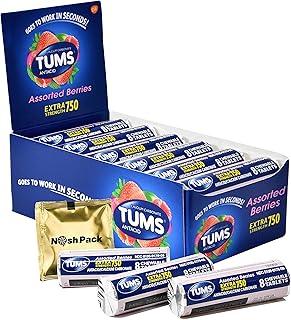 Tums Antacid Chewable Tablets for Travel, 12 Rolls Extra Strength Fast Acting Chewy Bites Assorted Berry Flavor for Heartburn Relief and Acid Indigestion Relief Calcium with NP Mints Packet, 96 Pieces
