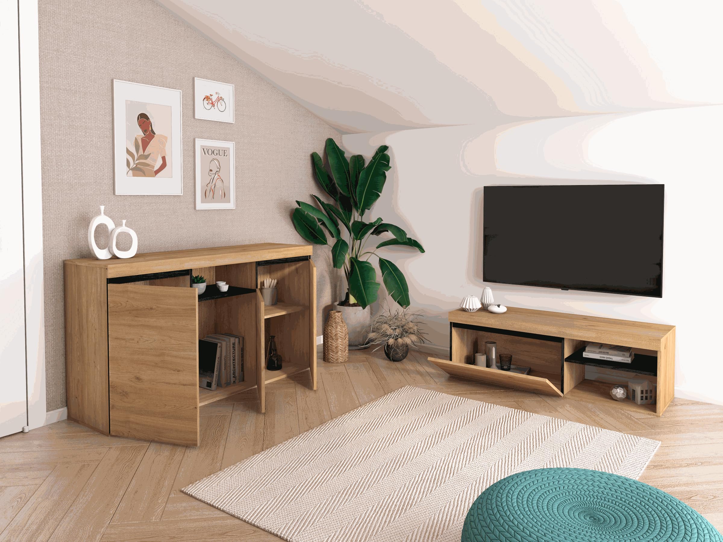 Skraut Home - Madia - Modello Naturale - 140 x 40 x 81 cm - Mobile Ingresso con 3 Ante - Stile Nordico - Melaminico - Rovere e Nero