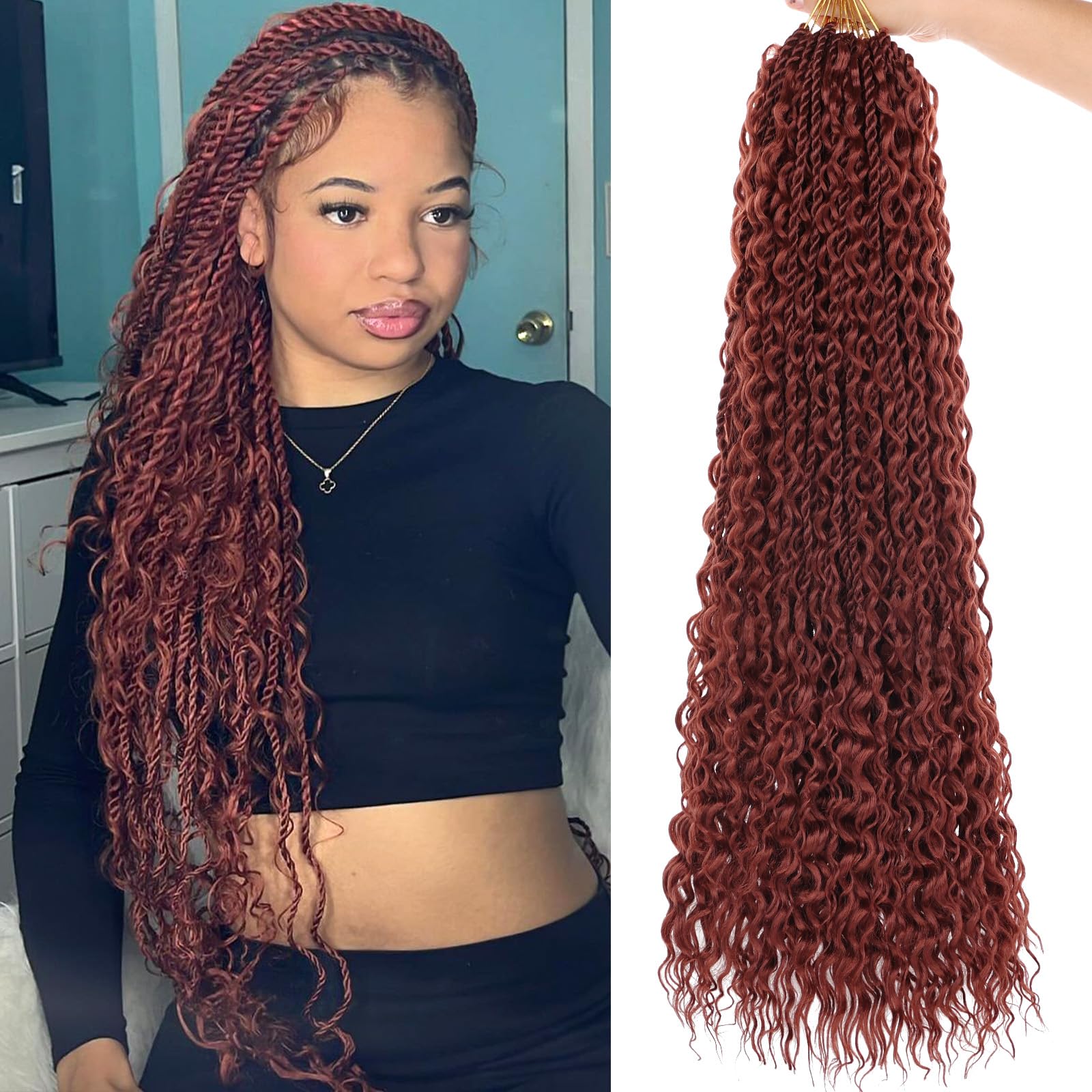 RuiYok 24 Inch Island Twist Crochet Braids with Curly Ends 9 Packs Ginger Boho Senegalese Twist Crochet Hair for Women Pre Looped Goddess Twist