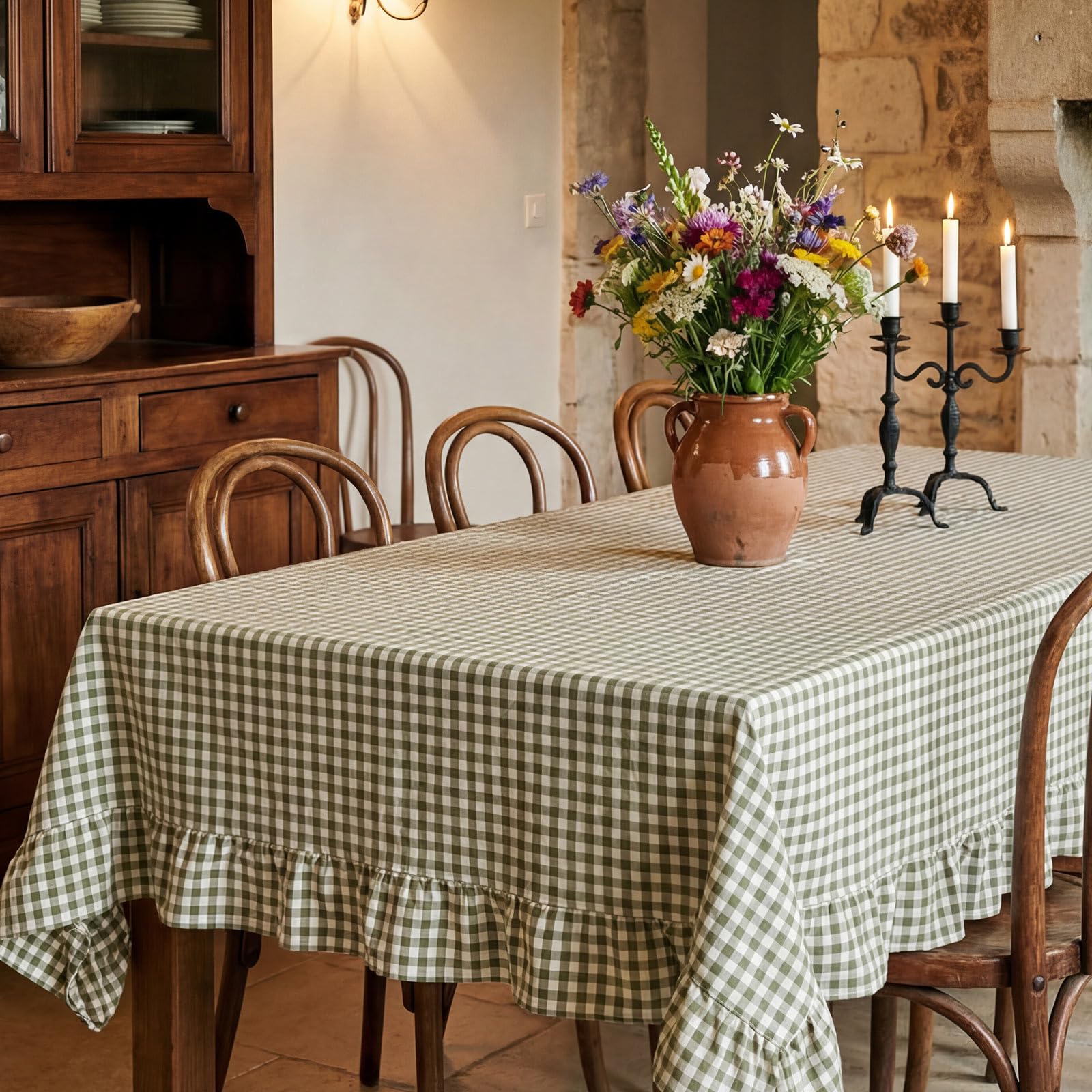 Photo 1 of Mindsoft Plaid Ruffled Table Cloth Cotton Linen Fabric Checkered Gingham Tablecloth Farmhouse Vintage Buffalo Plaid Decorative Table Cover for Dining Room Party(60 x 84 Inches,Sage Green)