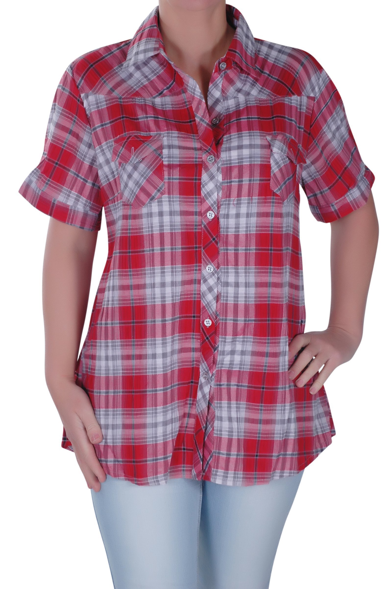 Eye Catch Women's Red - Checke Casual Plus Size Check Blouse Shirt Uk 10/12 Eu 38/40