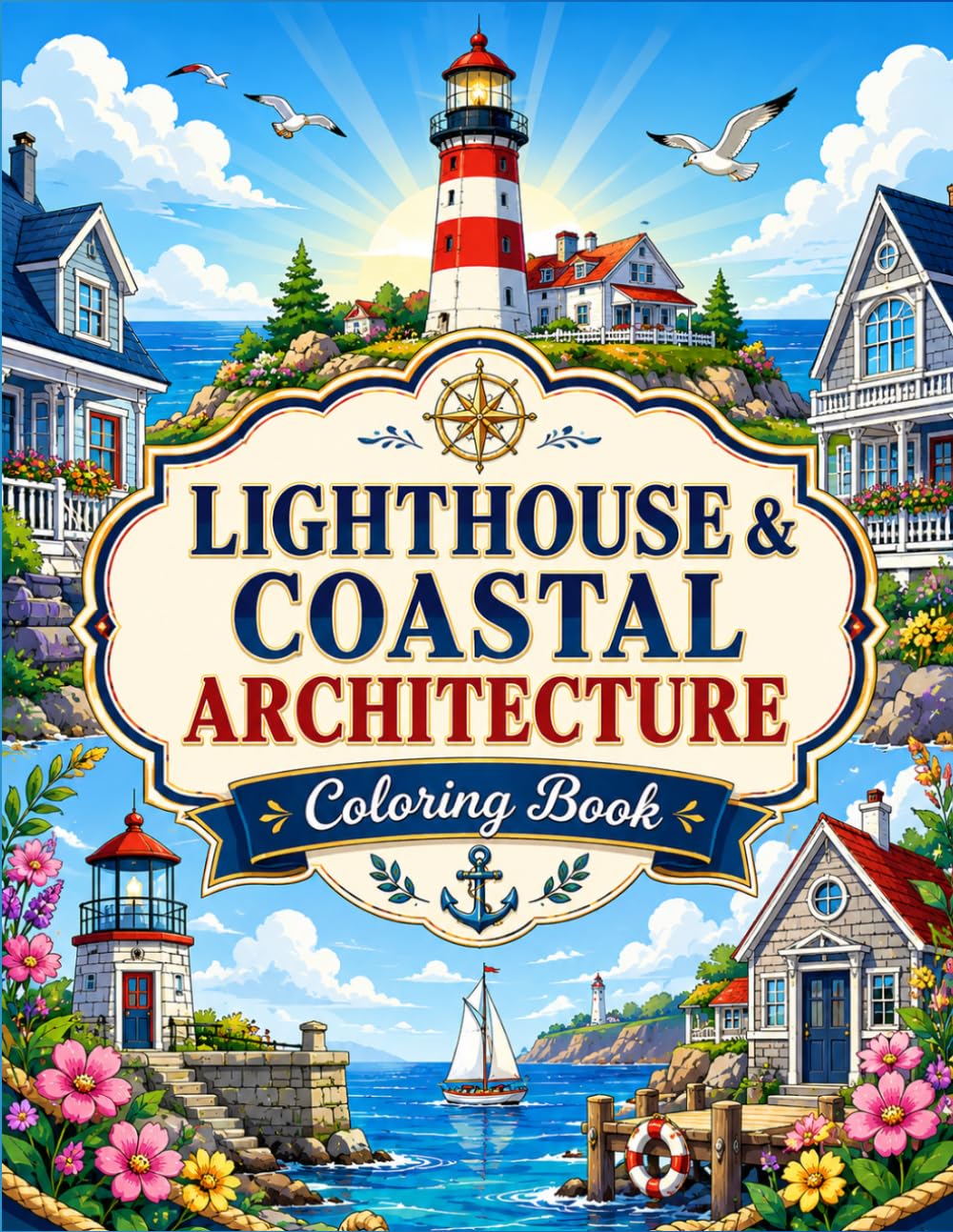 Lighthouse & Coastal Architecture Coloring Book: Seaside Villages, Ocean Cottages, Harbor Homes and Scenic Lighthouse Designs