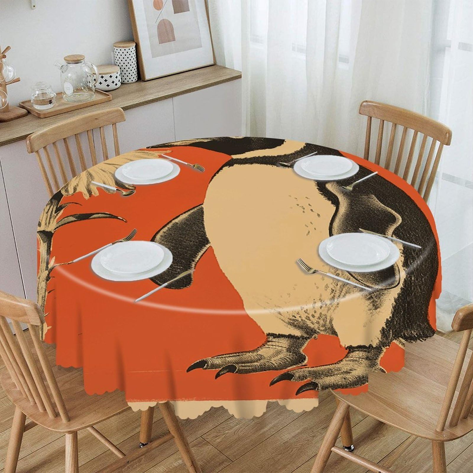 VstaDank A Flower and Penguin Round Tablecloth 60 Inch Easy to Clean Circle Table Cover Thick Decorative Round Polyester Table Cloth for Dining Kitchen Party Farmhouse Outdoor