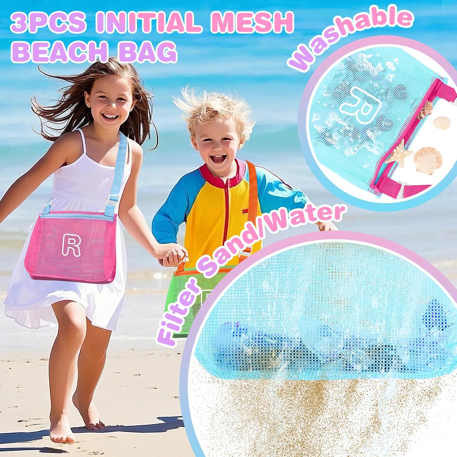 3Pcs Personalized Kids Beach Shell Bag, Initial Seashell Mesh Zipper Beach Pouch, Shell Collecting Bag for Holding Shells with Adjustable Straps, Sand Toys Swim Pouch Gift for Girl Boy Teens(Letter R) image 4