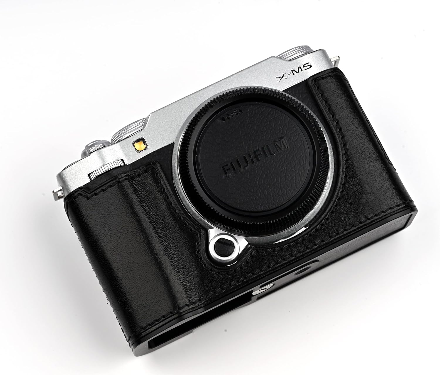 Handmade Genuine Leather Camera Half Case for Fujifilm X-M5/Fujifilm X-M5 Camera Case/Fujifilm X-M5 Case - Top Layer Cowhide Body + Metal Base Plate (Jet Black)