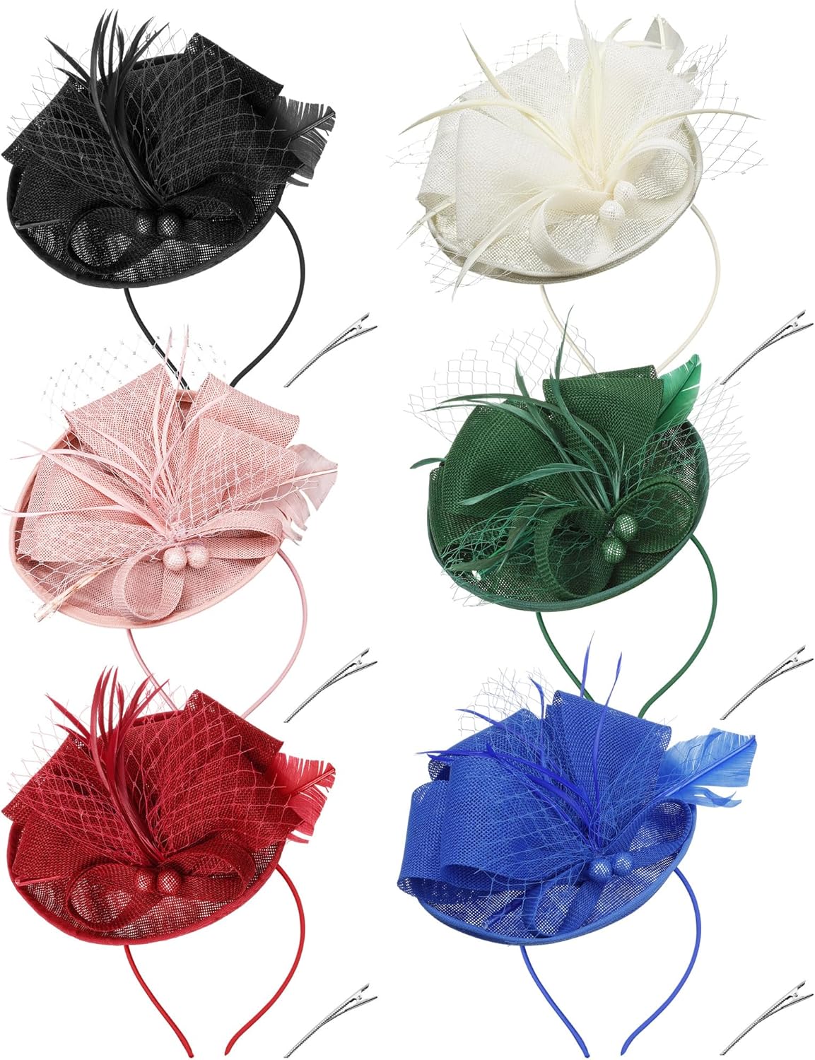 JaGely 6 Pack Fascinators Hats for Women Garden Tea Party Hats Bulk Vintage Multipack Derby Wedding Flower Cocktail Mesh Feathers Hair Clip for Christmas (Black, Beige, Blue, Pink, Green, Burgundy)