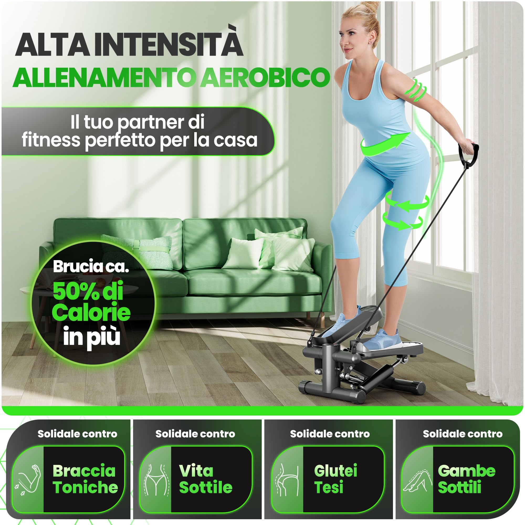 Ultrasport Mini Stepper Fitness Casa con Display LCD Multifunzione e Fasce di Resistenza I Home Stair Step