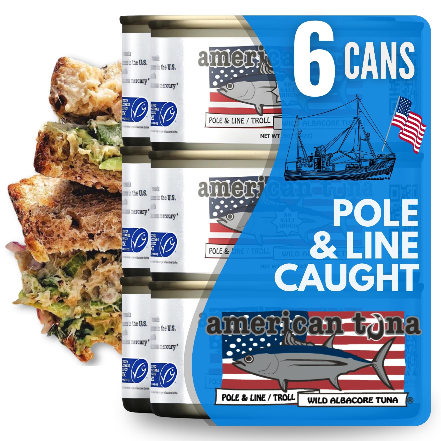 American Tuna Sushi-grade Wild Albacore Tuna Fish - No Salt Added, Wild Caught, MSC Certified, and Pole Caught | (6) 5 Ounce Cans | Super Premium Canned Tuna for Health and Flavor Enthusiasts!