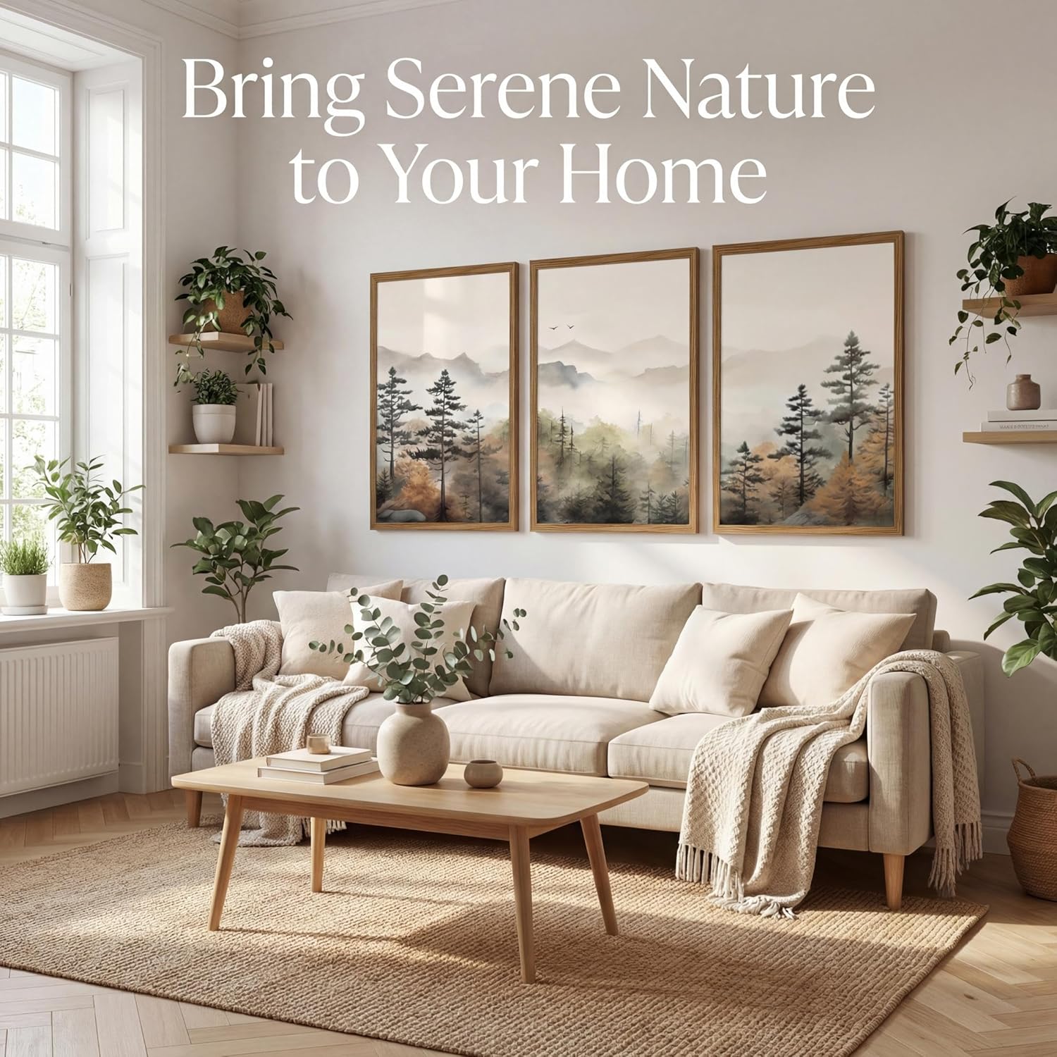 Framed Mountain Landscape Wall Art Set of 3 - Canvas Prints with Real Wood Frame Foggy Pine Tree Misty Forest Painting Nature Picture Wall Decor for Living Room Bedroom Office 12x16 Inches