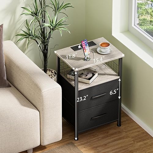 Miniatura 54 de Juego de 2 mesitas de noche con estación de carga, juego de 2 con tira de luz LED de 20 colores, 3 cajones de tela, mesita de noche con puertos USB