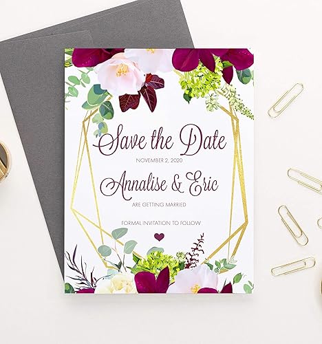Miniatura 2 de Floral Save the Date with Envelopes, Burgundy and Gold Save the Date Cards for Weddings, Elegant Save the Dates, Your choice of Quantity and