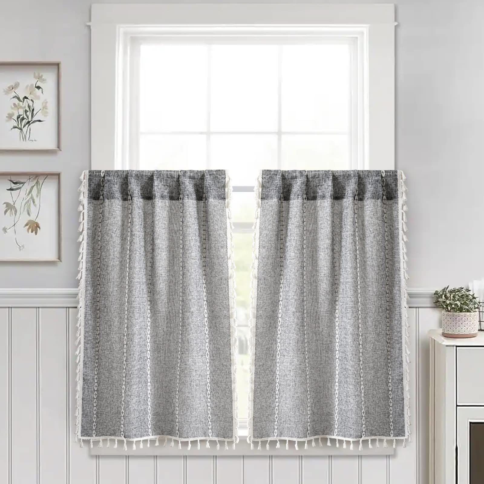 Cortinas de cocina modernas estilo bohemio gris oscuro para ventana pequeña