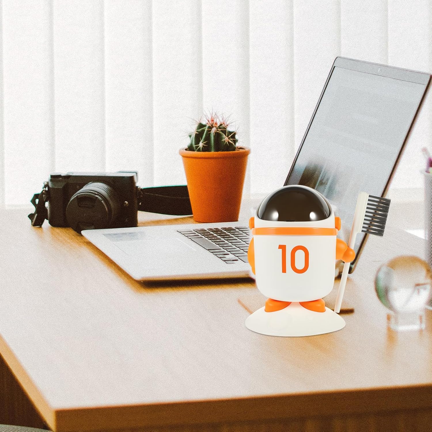 BESTYASH Mini Cartoon Astronaut Desk Trash Can with Lid and Brush, Small Desktop Wastebasket for Bedroom and Office, Orange Plastic Storage Bin for Desk Organization