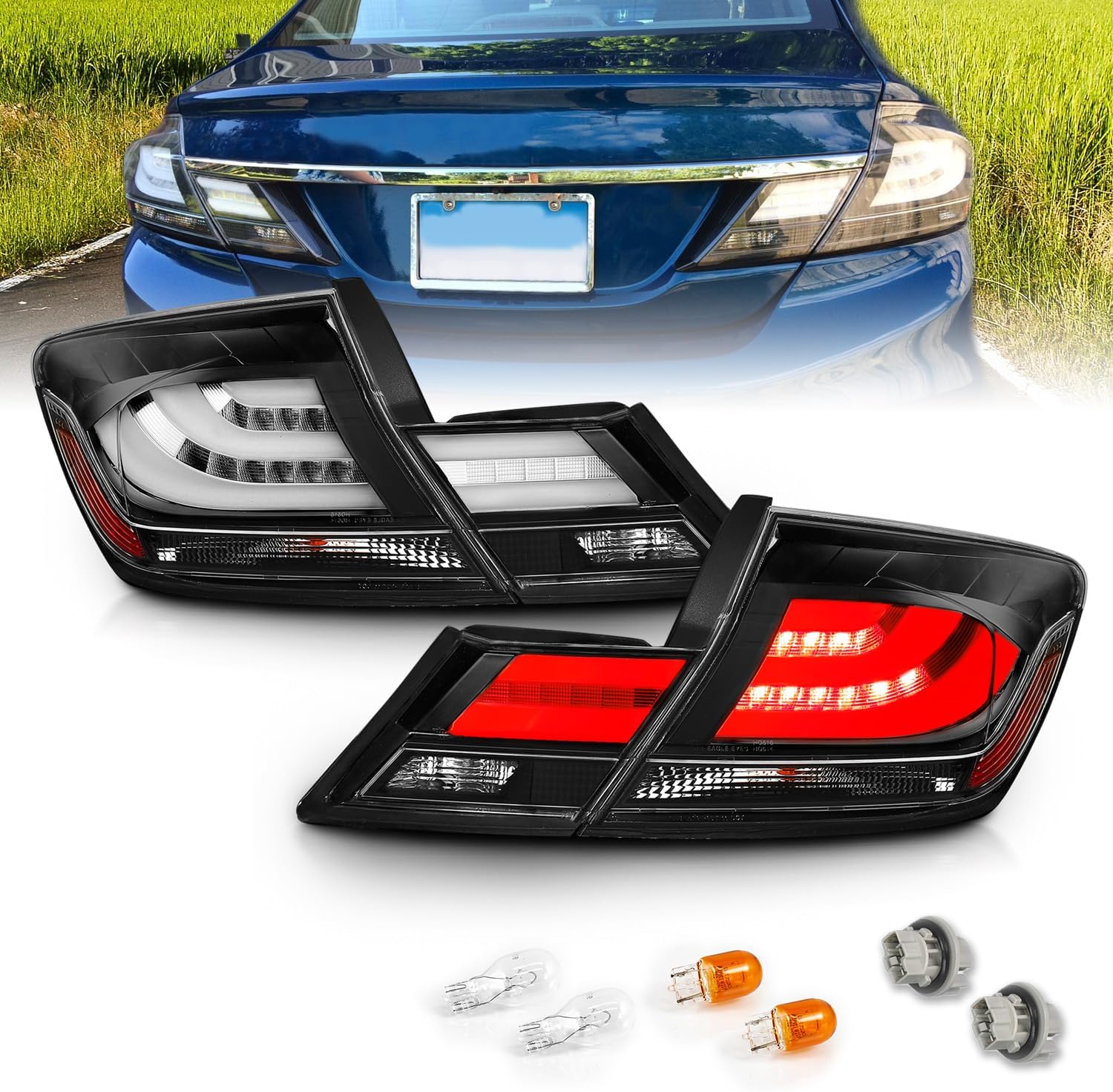 AmeriLite Black LED Bar Replacement Brake Tail Lights Set For 13-15 Honda Civic 4 Door - Passenger and Driver Side