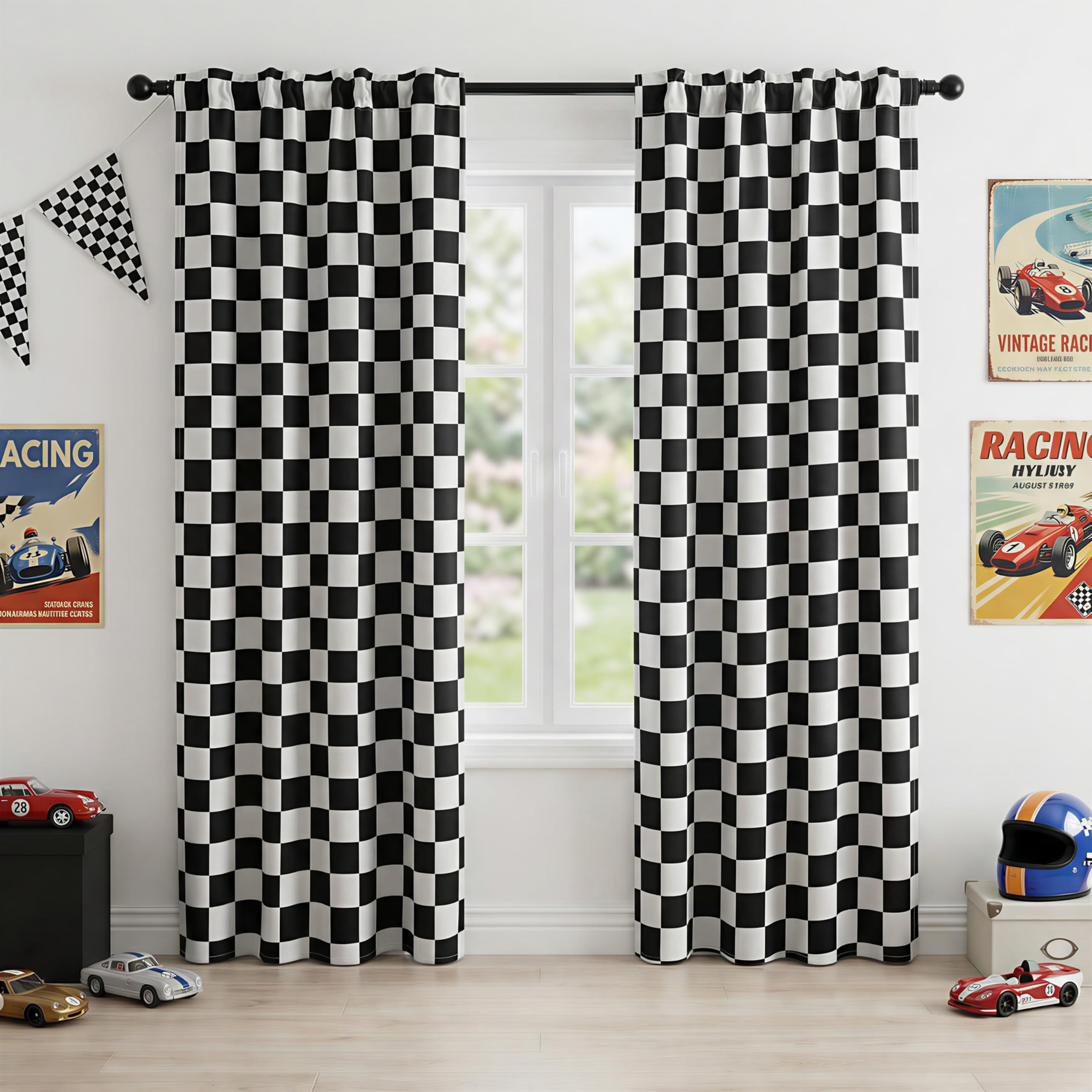 BOHOMOCASA Rod Pocket & Back Tab Checkered Curtains, 100% Blackout, Race car Flag Checkerboard Curtains, Thermal Insulated, Noise Reducing, 3-inch Checkered, 2 Panels, Each W42×L84