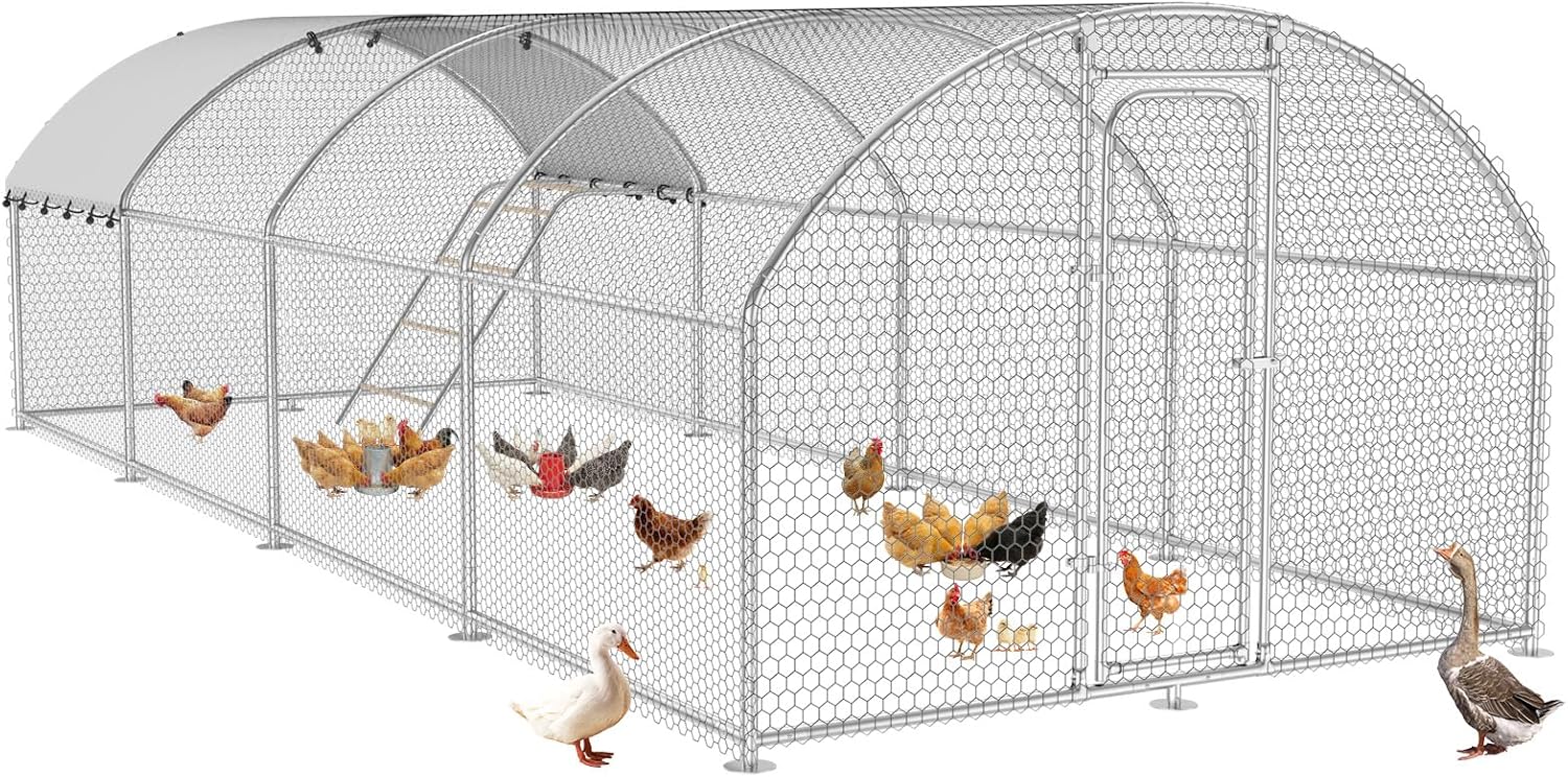 Metal Chicken Coop with Run, 10 x 5 x 6.4ft Outdoor Walk-in Chicken Run Pen Poultry Cage, Upgrade Roosting Perch,Waterproof & Anti-Ultraviolet Cover,Spire Roof
