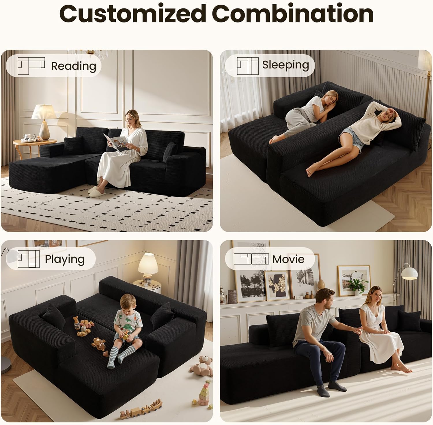 104" Cloud Sectional Couch with Chaise, Boneless L-Shaped Cloud Couch with Deep Seat, Corduroy Modern Minimalist Sofa, Assembly Free Comfy Sofa for Office Living Room Apartment(Black, Left Chaise)
