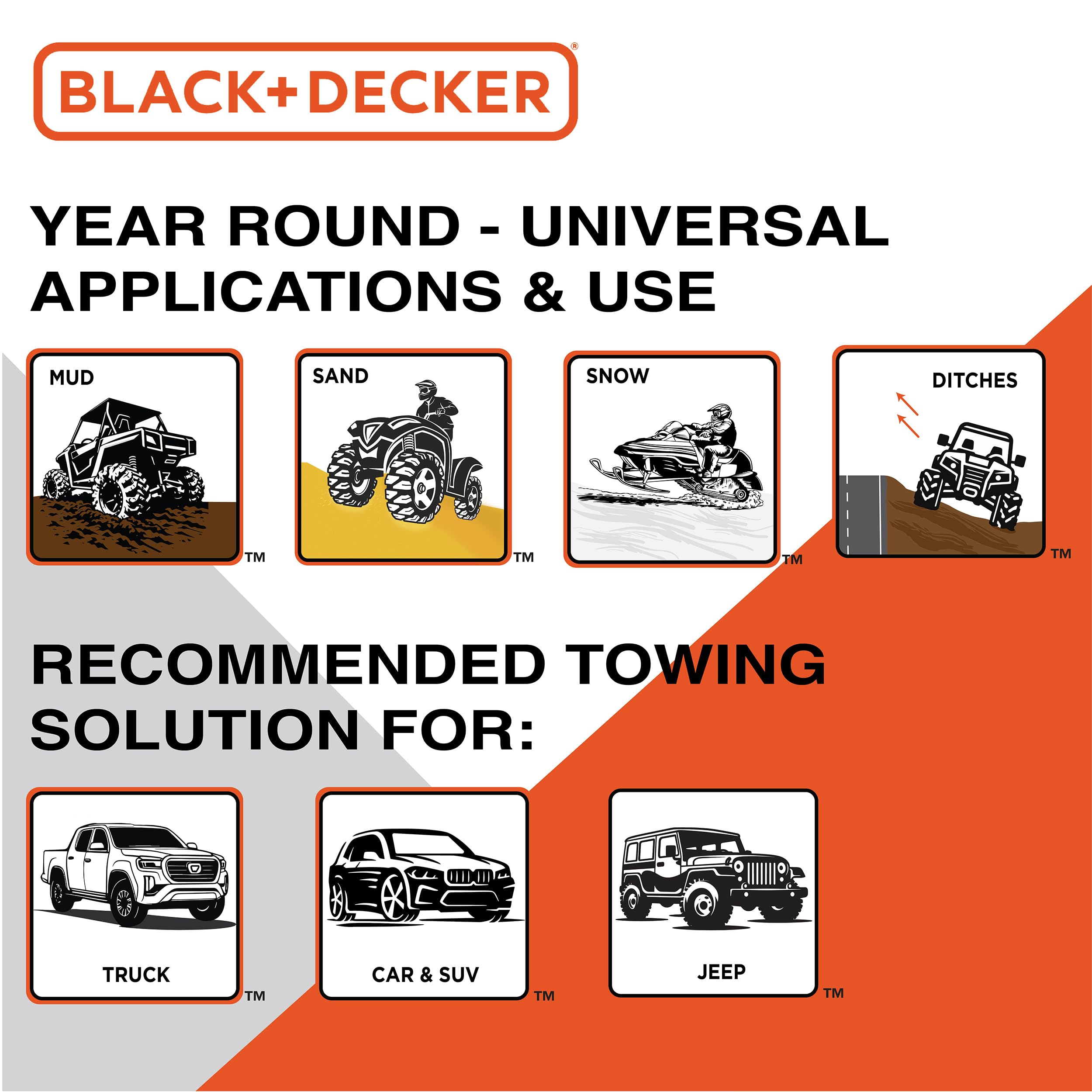 BLACK+DECKER BD1003 Sangle de récupération Noir/orange 10,2 cm x 9,1 m – Robuste (résistance à la rupture de 9 kg) pour remorquage d'urgence tout-terrain 4x4