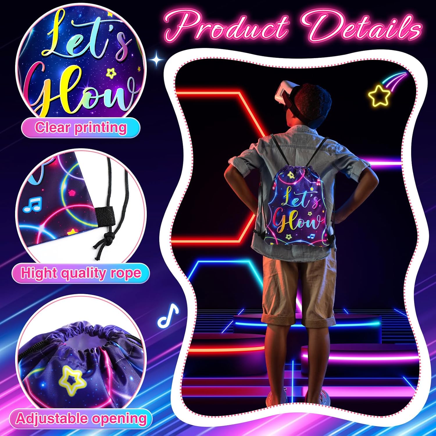 Censen 24 Pcs Let's Glow Drawstring Bags Set Bulk 12 x 10 Inch Low Party Favor Bags Neon Birthday Supplies for Adults Gift Party Supplies - Image 4