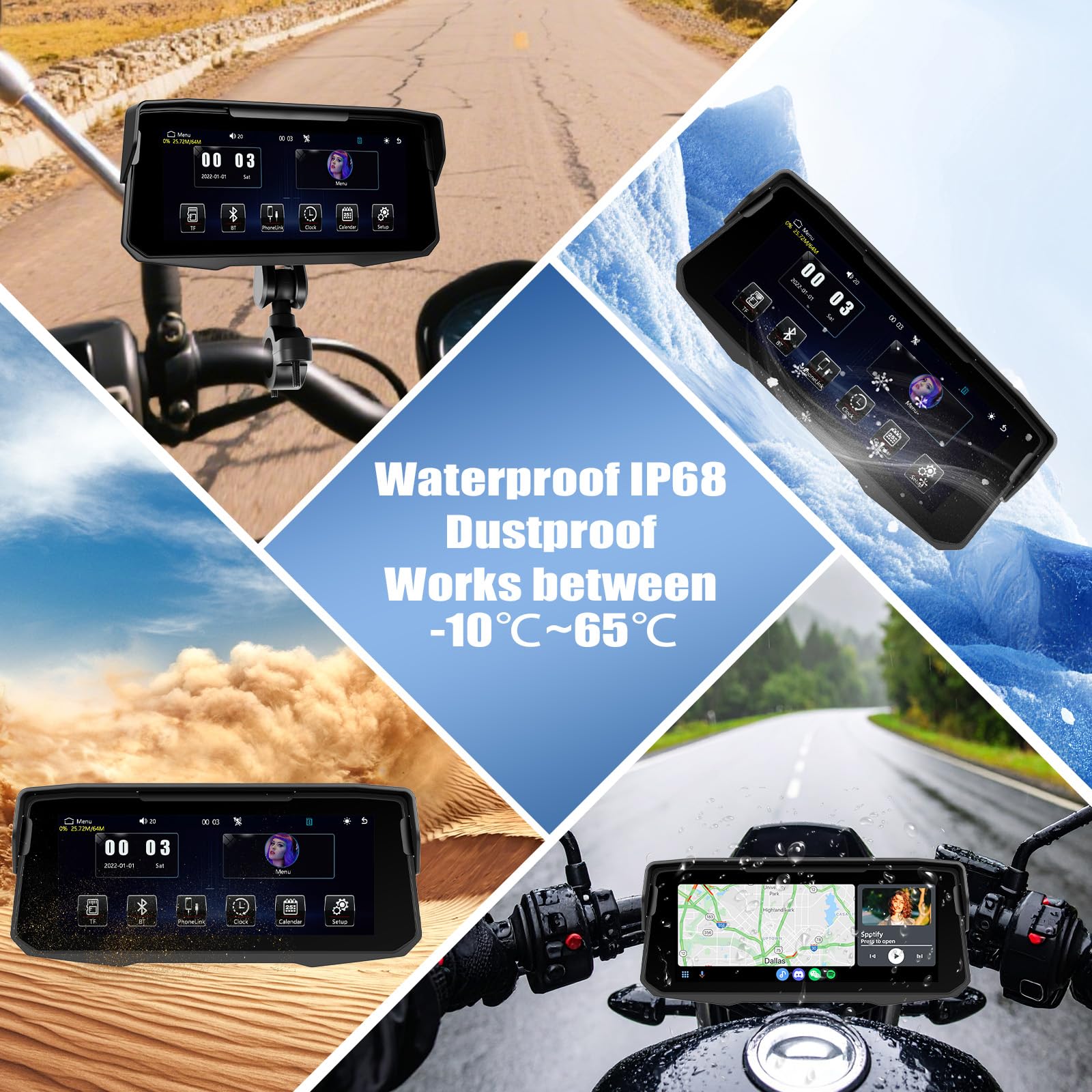 SIXWIN Moto Carplay Schermo, Senza Fili CarPlay e Android Auto,Portatile da 6.68 Pollici Touchscreen Navigazione Moto con Doppio Bluetooth/Airplay/Android Cast/IP67 Impermeabile/Equalizzatore