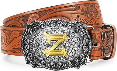 Western Cowboy Leather Belt Men Women, Gold Initial Letters ABCJMZ Buckle Embossed Belt for Jeans