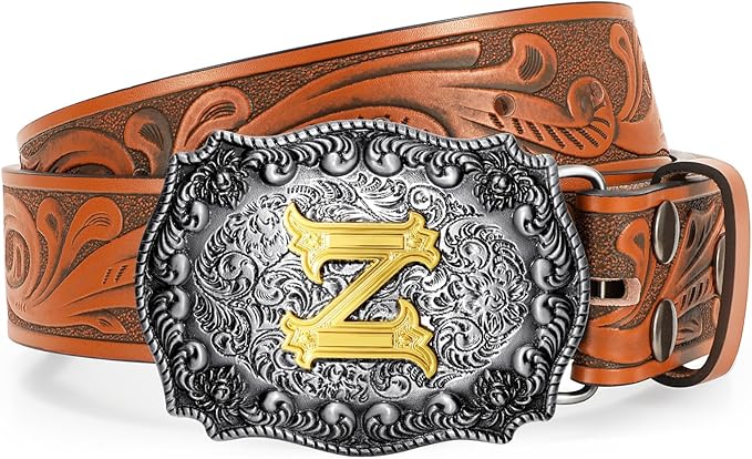 Western Cowboy Leather Belt Men Women, Gold Initial Letters ABCJMZ Buckle Embossed Belt for Jeans