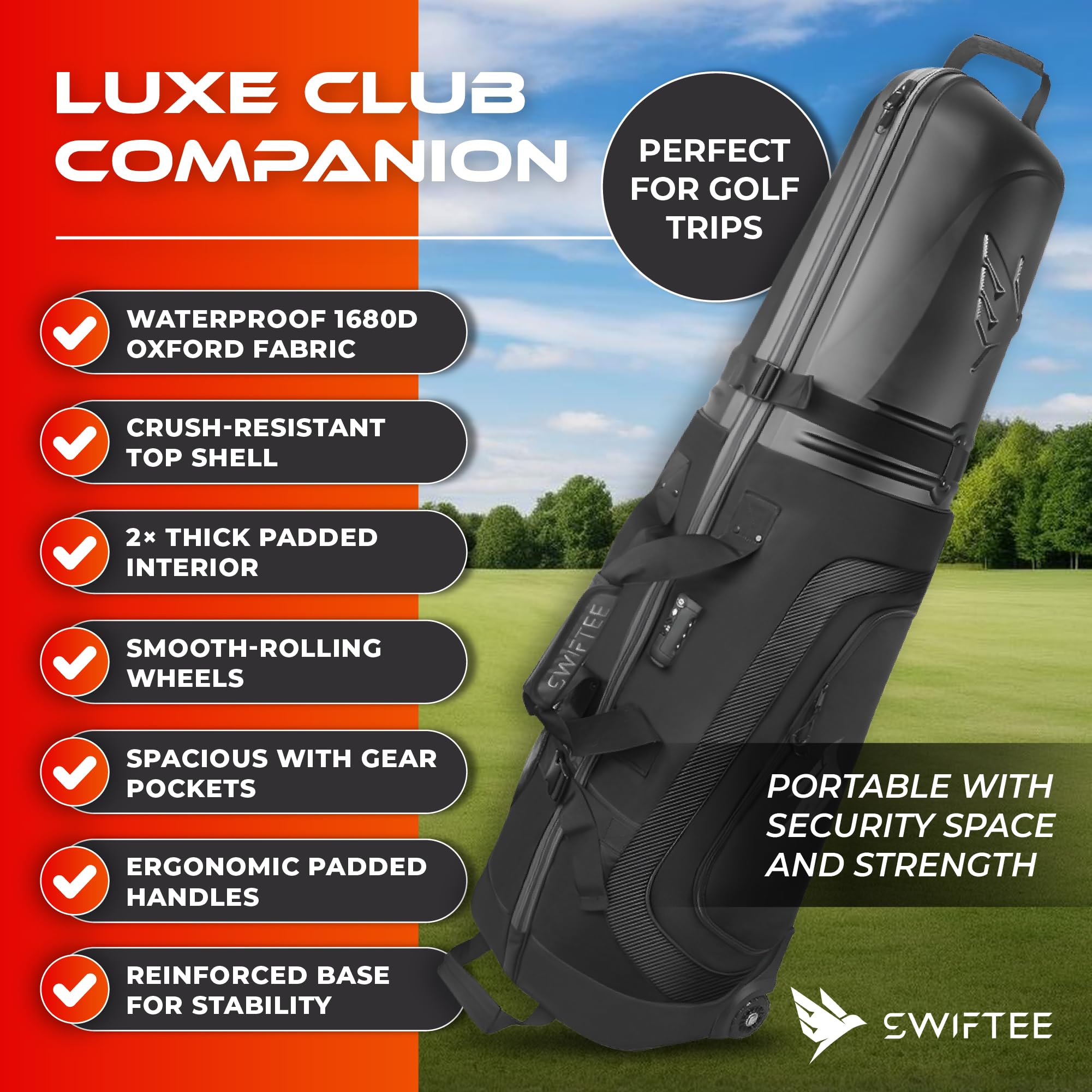 SWIFTEE Borsa da golf da viaggio di alta qualità con custodia rigida Swiftee Top & TSA Lock - Tessuto Oxford 1680D, ruote oversize, trasportino aereo leggero per la massima protezione del club