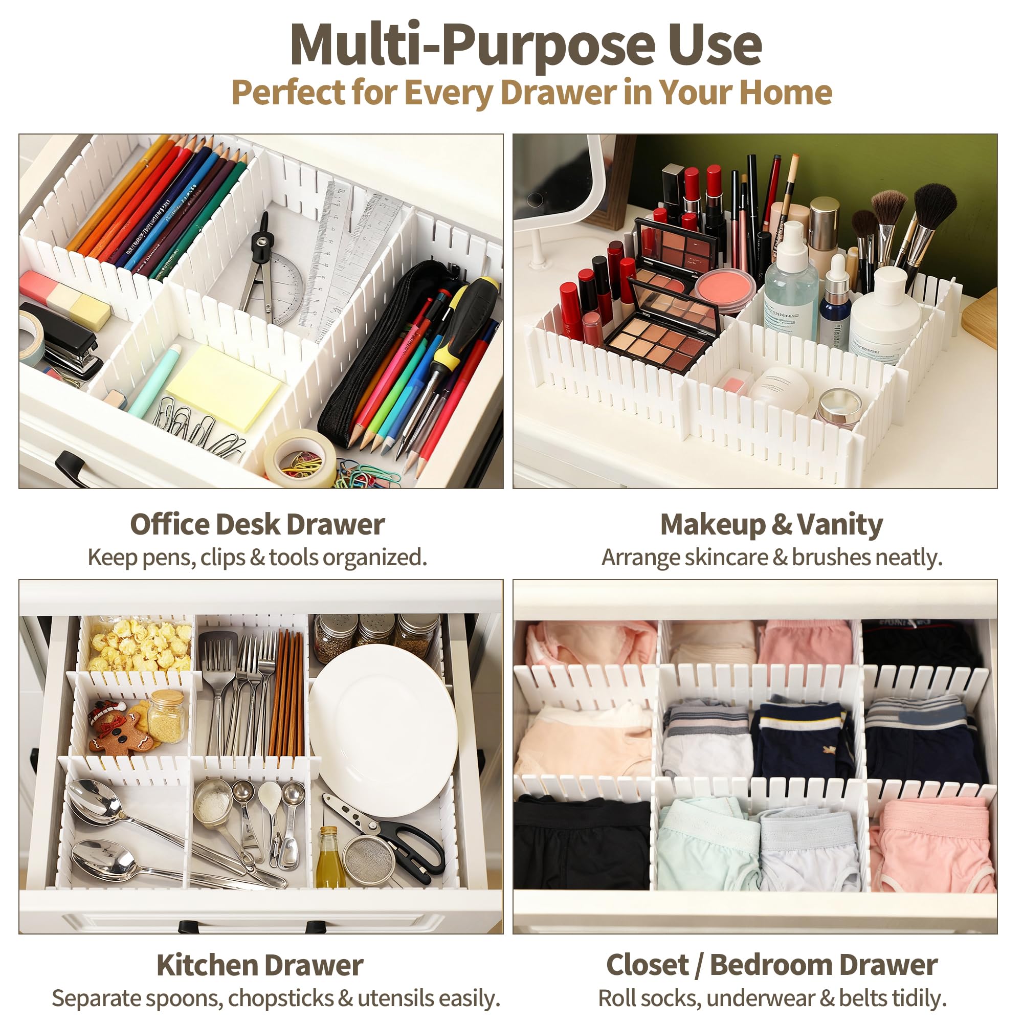 Schubladenteiler, verstellbarer DIY-Aufbewahrungs-Organizer zum Ordnen von Unordnung, Besteck, Make-up, Kleidung von Kleidern, Schlafzimmer, Büro (nach Belieben geschnitten) (32 Stück)