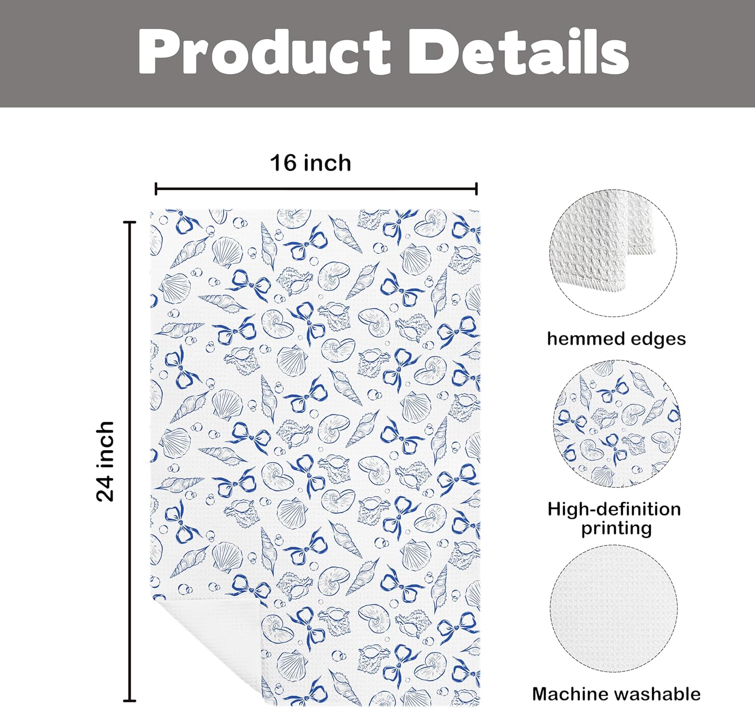 Coquette Blue Bow Seashell Beach Kitchen Towels, Preppy Blue Coastal Nautical Dish Tea Towels, Beach Gifts for Women Decorative Hand Towel for Kitchen Bathroom, 16x24 Inch - Image 7