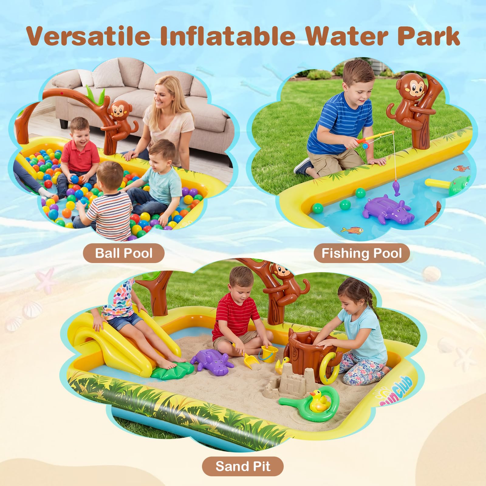 SOARS Piscine Gonflable, Aire de Jeux Extérieure sur Le Thème de Jungle, Toboggan & Pataugeoire, Jets d’Eau, Jeu de Lancer d’Anneaux, Parc Aquatique d’Été pour Jardin, Terrasse, 207 X 168 X 77 CM