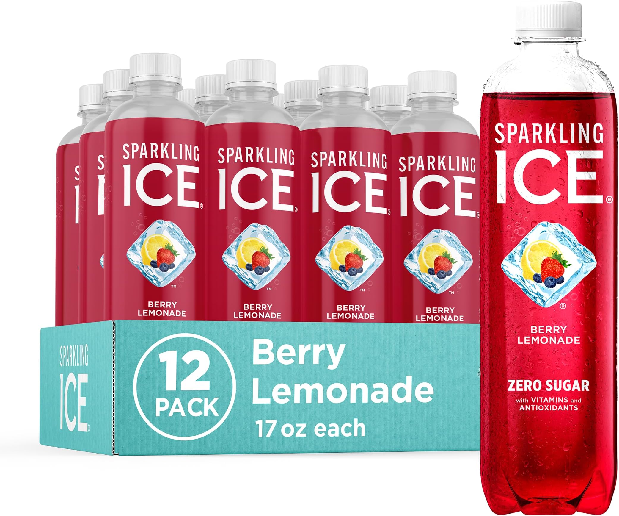 Sparkling Ice, Berry Lemonade Sparkling Water, Zero Sugar Flavored Water, with Vitamins and Antioxidants, Low Calorie Beverage, 17 fl oz Bottles (Pack of 12)