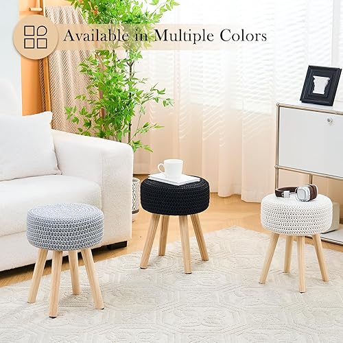 Miniatura 7 de Taburete redondo otomano de punto de algodón, taburete moderno con patas de madera antideslizantes para sala de estar, dormitorio, color blanco