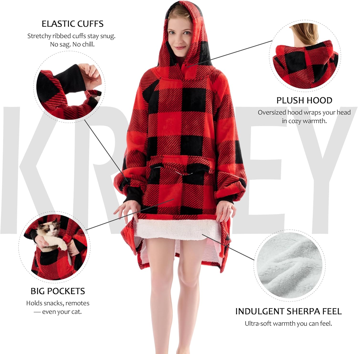 Krifey Wearable Blanket Hoodie, Oversized Sherpa Fleece Sweatshirt with Giant Pocket, Birthday Gifts for Women, Mom, Sister, KRF003-Red plaid - Image 4