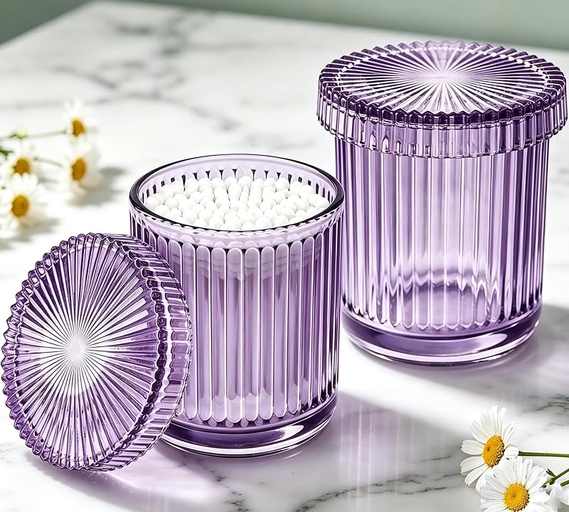 Conjunto com 2 frascos de vidro ESEHGS com tampa para cotonetes, algodão e pequenos acessórios – Roxo