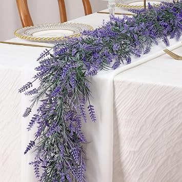 TOCHGREEN 6FT 2PCS Spring Summer Lavender Garland Artificial Purple Flower Garlands Faux All Year Lavender Garlands for Home Indoor Door Mantle Window Wall Arch Farmhouse Wedding Stair Table Decor