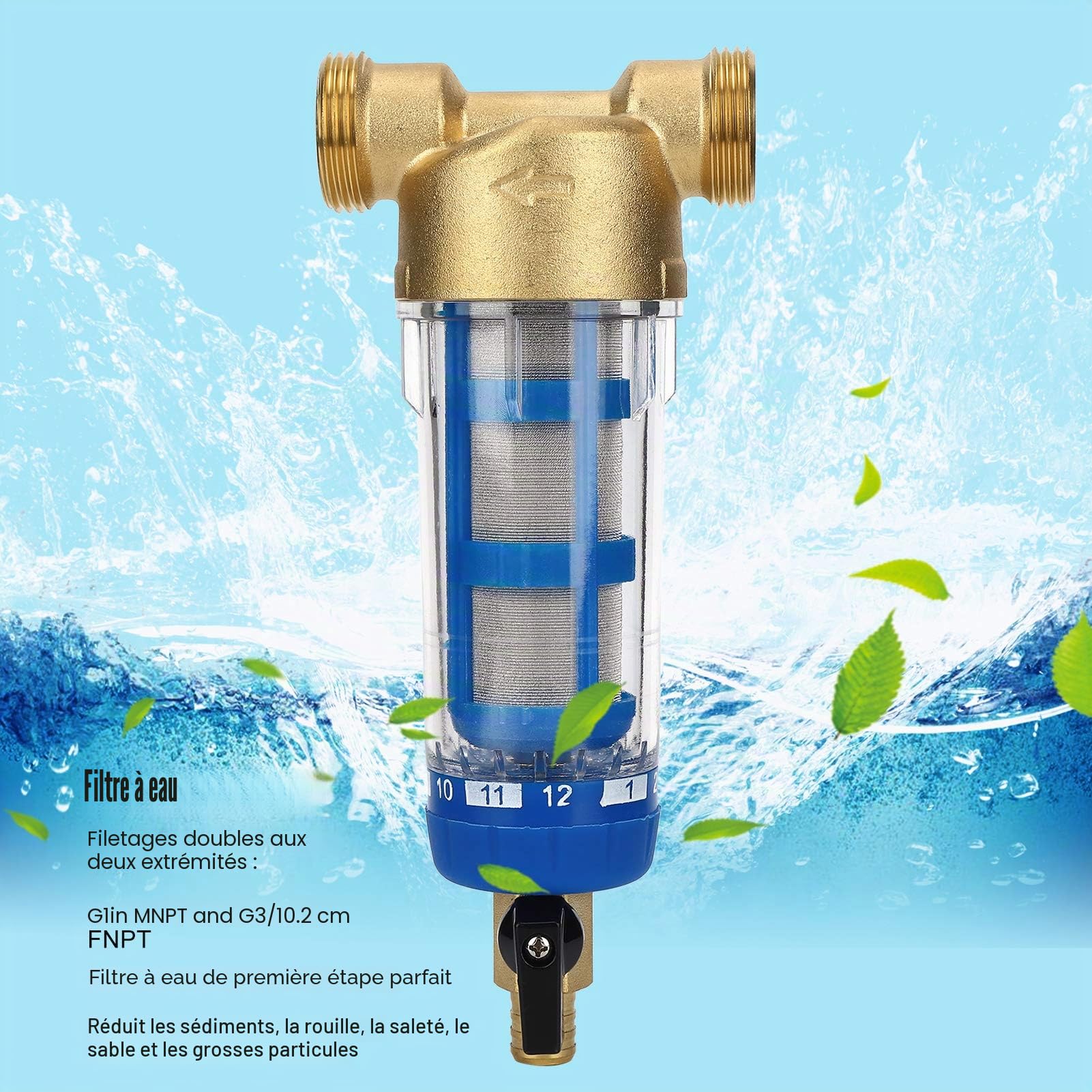 Filtre à Eau Rotatif, Accessoire de Purificateur D'eau de Pré-filtre Réutilisable Filtres à eau sous éviers de 50 Microns pour Eau de Ville/Puits G1 (1 Pouce) MNPT + G3 / 4 (6 Points) FNPT