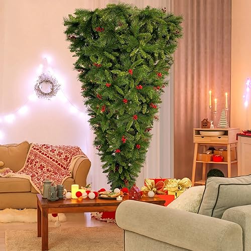 BNSPLY Árbol de Navidad de 74 pies árbol de Navidad artificial con bisagras verdes con 1500 puntas de rama bayas rojas y agujas de pino de PVC para