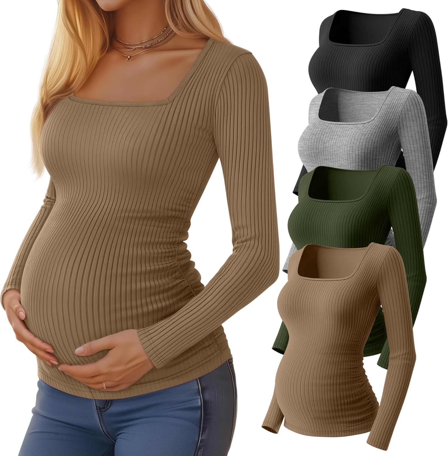 Huukeay 4 Pack Women's Maternity Shirts Cotton Ribbed Long Sleeve Square Neck Pregnancy Tunic Tops Side Ruched Basic Tee