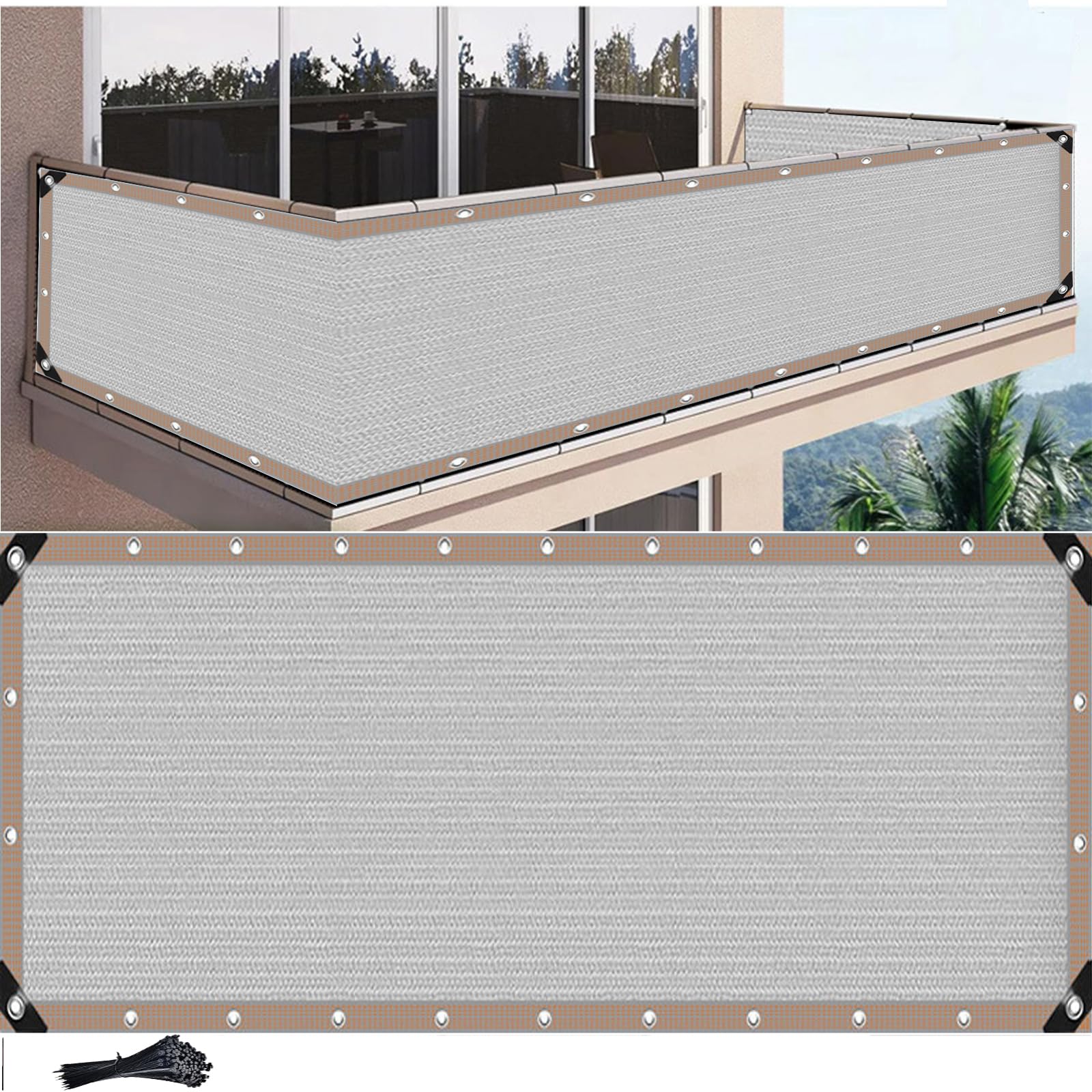 Privacidad de Balcón y Pantallas 1X10M ，Tela de privacidad Protección UV,Impermeable,Resistente al Viento,Malla de Ocultación para Jardín Exterior,con Ataduras de Cables Gris