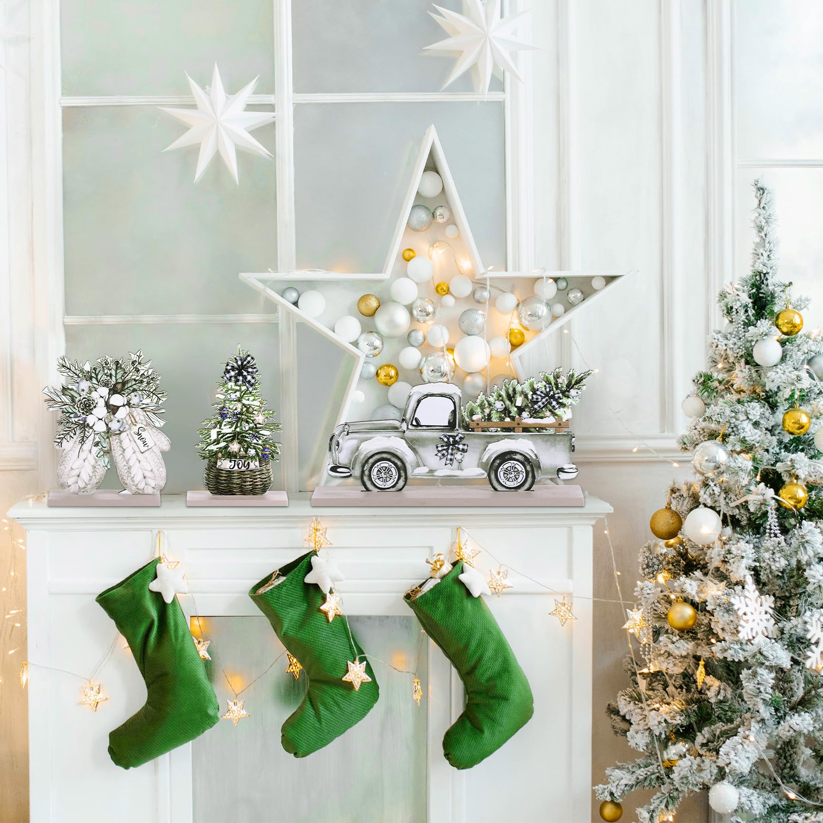 Huwena 5 letreros de decoración de mesa de Navidad, centros de mesa de Navidad, letrero de alegría, decoraciones de Navidad, guantes de muñeco de nieve, reno, para decoración de invierno, nieve