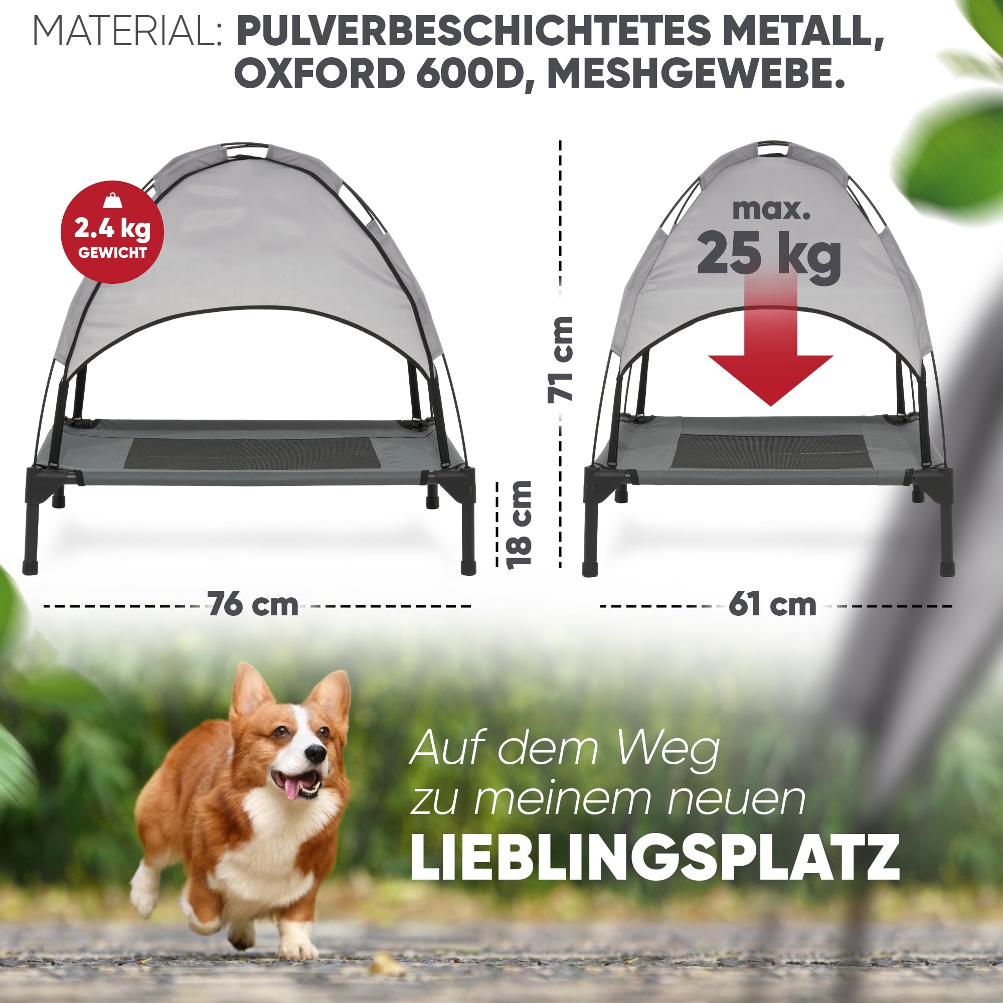 Deuline Hundeliege mit Dach erhöhtes Hundebett Garten Outdoor Haustierliege M-76x61x18/71cm GRAU 520080