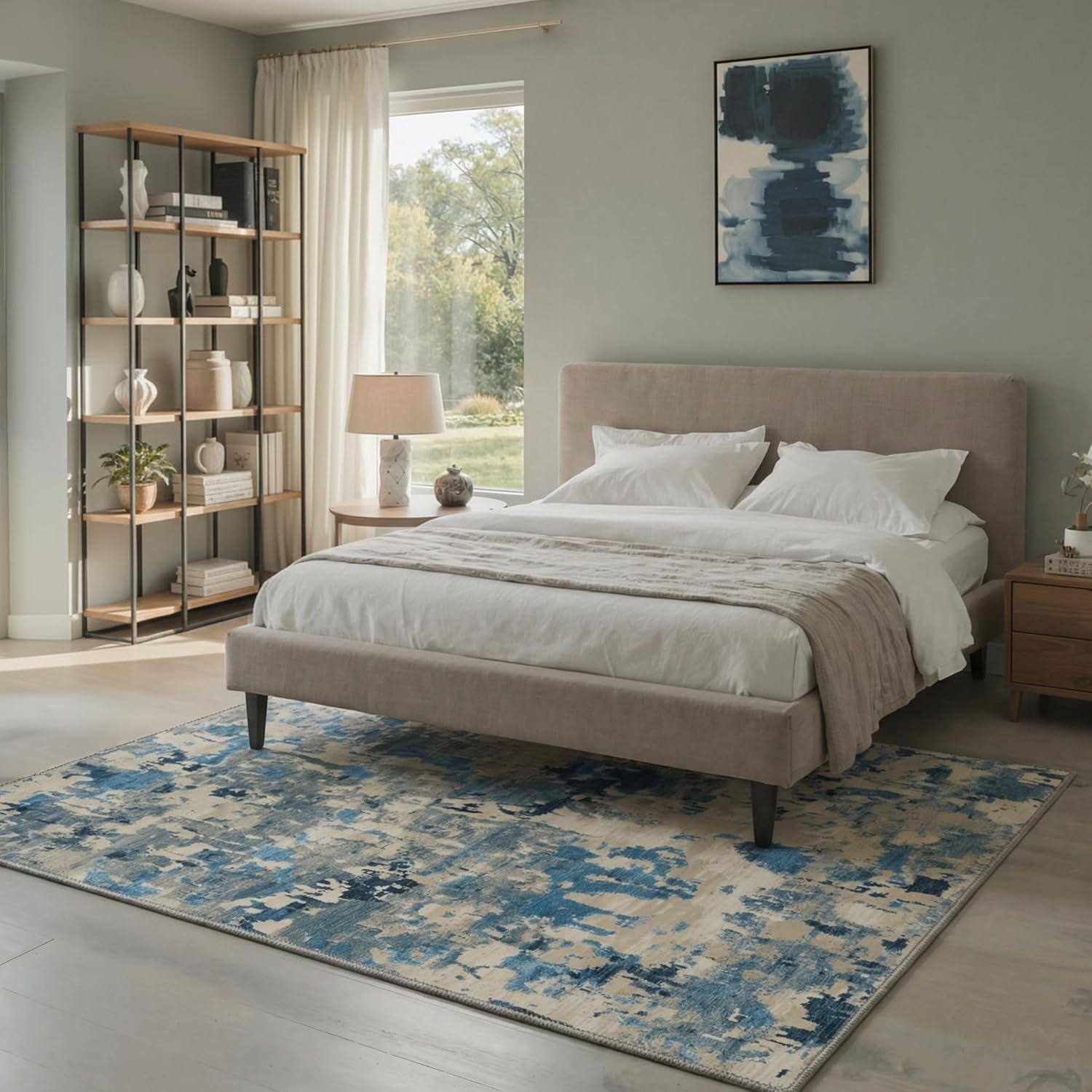BEIMO Runner Rug for Hallway Kitchen, 2x5 Machine Washable Runners Rug for Entryway, Soft Modern Abstract Throw Rugs, Low Pile Floor Cover with Non Slip Backing, Dusty Blue/Beige